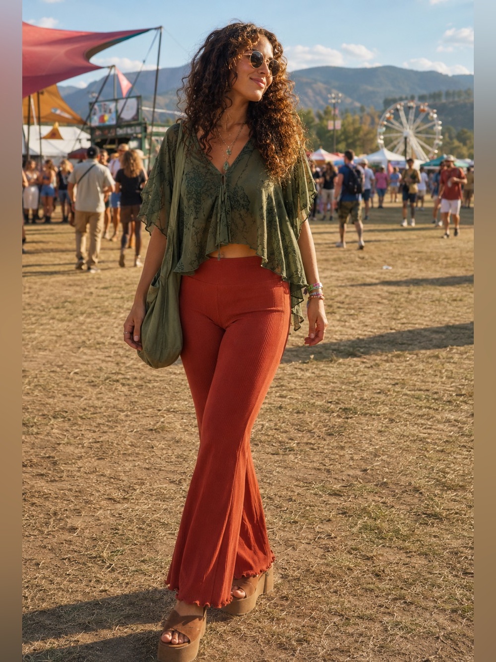 No Boundaries Rust Ribbed Flare Pants